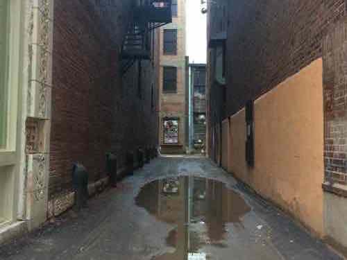 Looking south from the Locust St sidewalk into the vacated alley