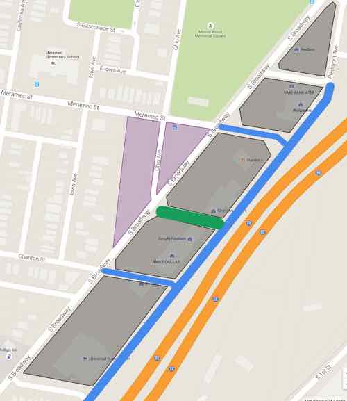 KEY:  Lt Green: existing park space Gray: new buildings  Purple: existing green space to consider developing  BLUE LINE: New public  street, extensions of existing street grid  DK GREN LINE: New common plaza