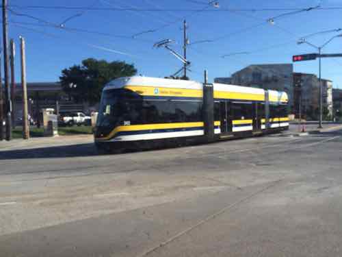 The streetcar in Oak Cliff turning right onto Colorado Blvd from Zang Blvd, click image to view intersection on a map