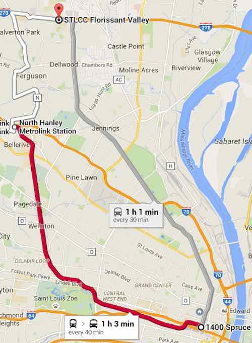 The two primary choices for getting from downtown to Florissant Valley CC