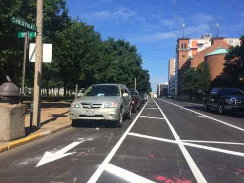 On Wednesday July 22 @9;15am I was disappointed to see a long line of cars parked in the bike lane. Traffic Commissioner Deanna Venker told me work wasn't finished yet. 