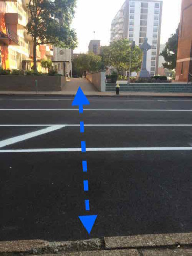 At the former 16th Street we see the narrow public walkway, the dashed blue I added shoes that an ADA-conpliant crosswalk is needed here.