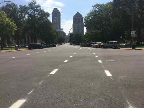 Looking East from 15th toward 14th the day before, the angled parking is now back-in 