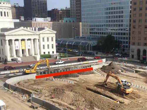 Construction on Luther Ely Square with the Old Courthouse in the background, the red line indicates the central sidewalk area