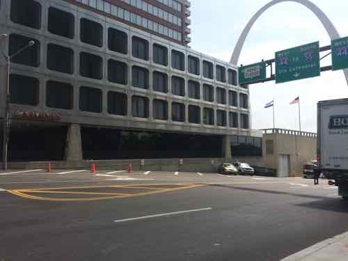 Where the sidewalk used to be next to the former American Zinc building, is  angled parking