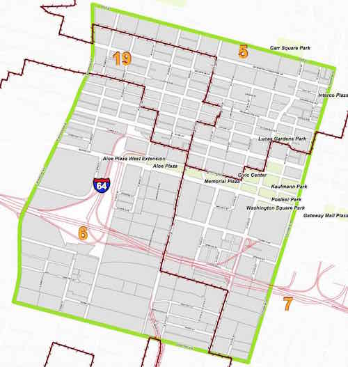 Map of Downtown West Neighborhood bounded by Chouteau, Jefferson, Cole, & Tucker; click image to view on city website 