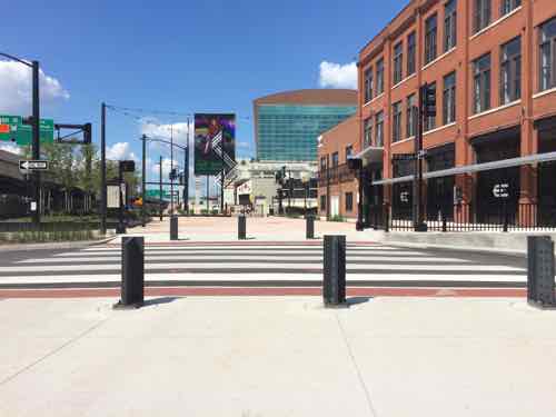 This pedestrian crossing of Morgan St is a good example.