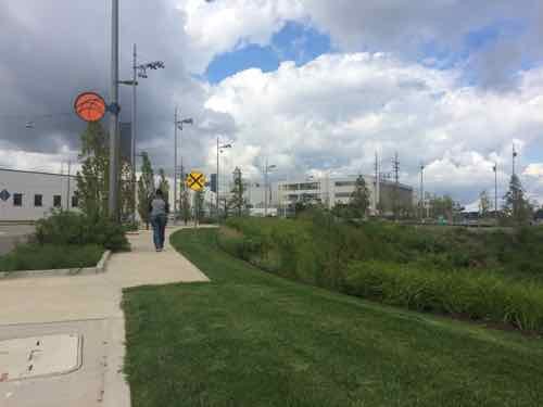 Turning to the left we see the sidewalk follows the curve of Boyle. The orange circle is the logo for the CORTEX Commons. In a couple of places the sidewalk make a sharp shift. 