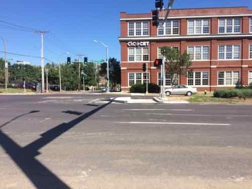 Looking back North after crossing, Hopefully the crosswalk striping will be done soon. Note that it's a straight shot from side to center to opposite side. 