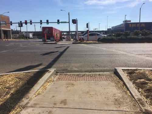 Looking back South we see this side has a zig zag pattern too. This will become more apparent once the crosswalk stripes are done.