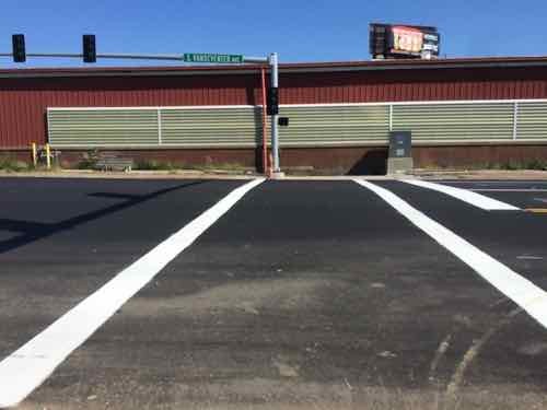 A new signalized intersection on Vandeventer Ave for IKEA Way, which is located about where the non-signalized Duncan Ave was. A new crosswalk was added to the South side of the intersection. Eventually the site to the East will be a retail development. 