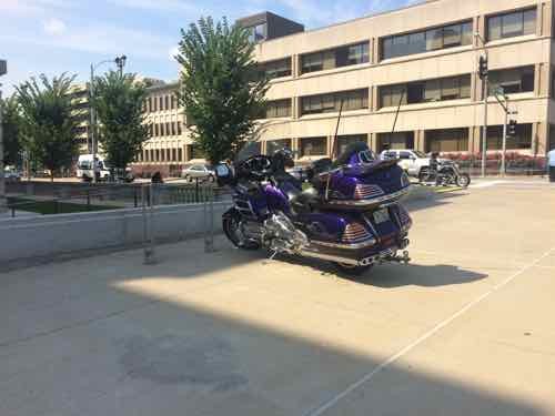 Motorcycle at bike racks, Central Library 
