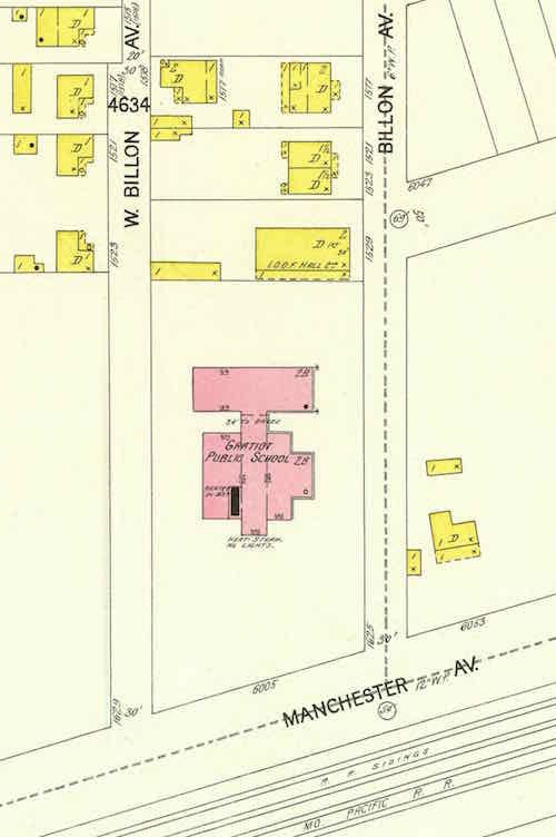 This January 1903 Sanborn fire insurance map shows the frame houses on W, Billon in the upper left. The brick Gratiot School, still standing, is shown in pink. What we know as Hampton Ave today was Billon Ave, which ended at the railroad tracks.