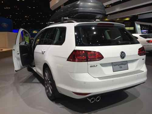 The 2016 Golf SportWagen TDI om display at the Chicago Auto Show. The new TDI engine in this 2016 model is equipped with urea injection to clean the exhaust.
