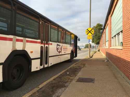 This is the Eastbound #32 I took, the Macklind bus stop is just West of the intersection. I snapped this photo at 9:21am on November 2, 2015.