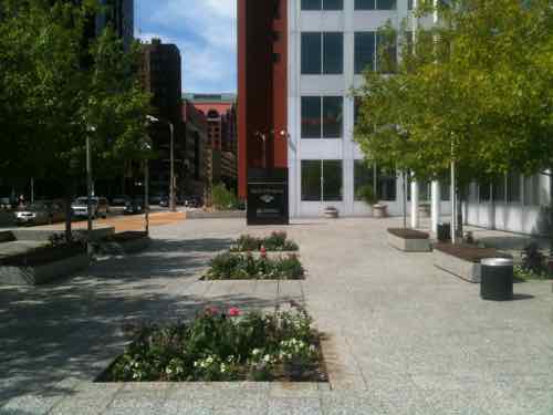 Looking North at the West side plaza, this is considered the front since it faces Broadway, June 2010