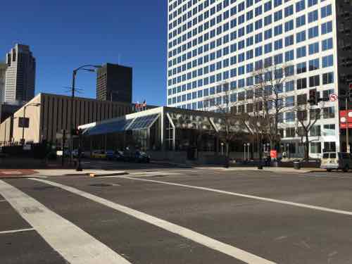 Looking at the building from the NW corner of the Luther Ely Smith Square. Many Arch visitors will be parking un the garage seen in the background