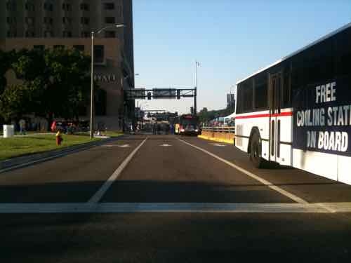 Looking North on Memorial Dr from Olive. Luther Ely Smith Square is on the left, July 2010