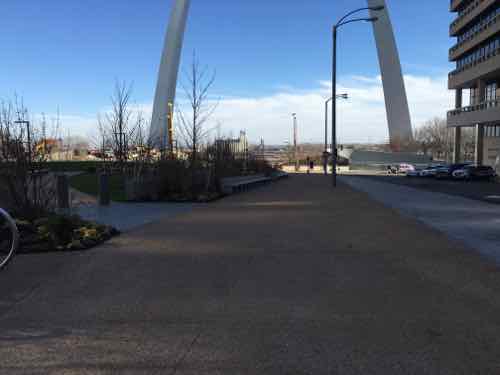 Looking East along the wide sidewalk next to Olive. This will be a drop off point for Arch visitors