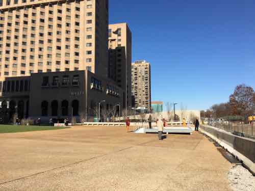 Looking North over what was the opening down to the highway. A small platform has been built to allow you to see the construction activity. 