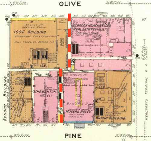  The Wright is the bottom right corner of the block in 1909, I added the red dashed lime added to illustrate the area to the right is what became the Arcade. The beige sections are fireproof/resistant construction pink is brick, yellow wood frame. Blue indicates stone. 