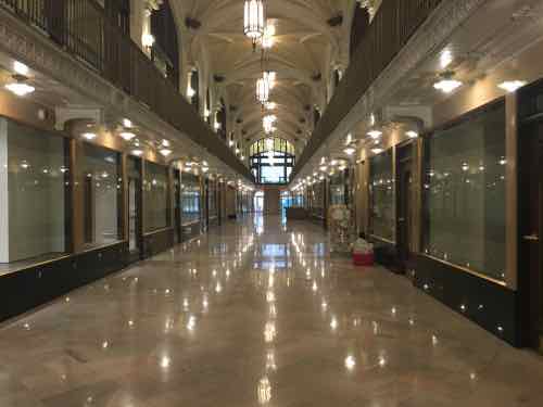 The 2-level retail arcade is completely restored, will be used by Webster University. These types of market arcades pre-dated the indoor mall by decades. 