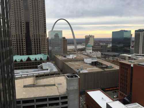  the Arch and rooftops. 