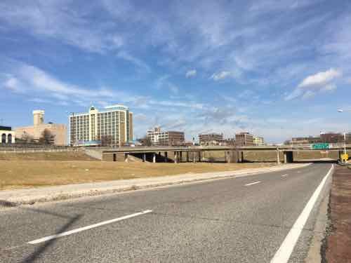 A proposed MLS stadium would be built here, the site of a long-dead planned highway project 