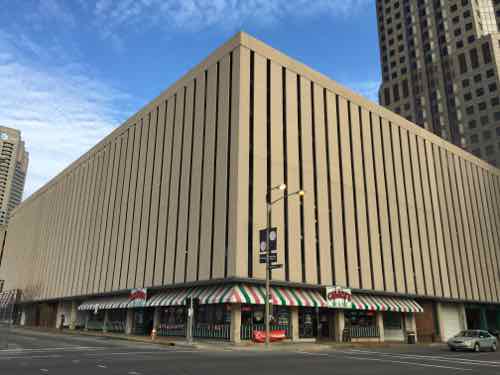 All four sides of two city blocks are covered in the most awful concrete panels