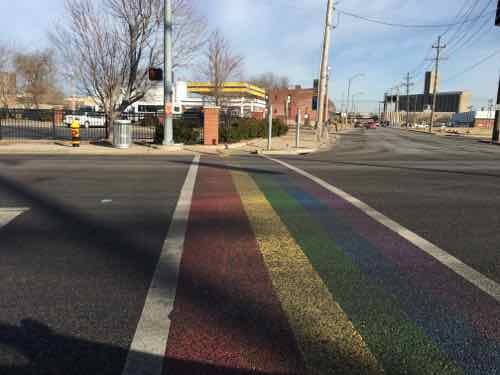 Rainbow crosswalk crossing Manchester at Sarah was installed in 2015