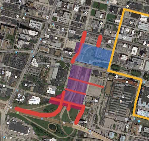 The blue box near the center is the stadium site, red are new streets/ramps, Purple are development sites, yellow is a revised trolley route. Click image to view map in Google Maps