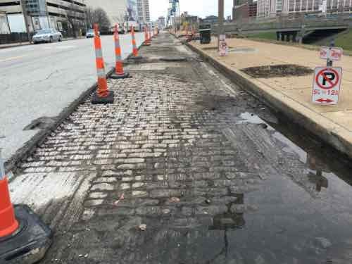 The old bricks were visible, street trees gone, December 2015