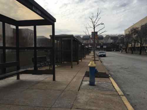 Temporary bus shelters added in the narrow section makes it tight, February 2016