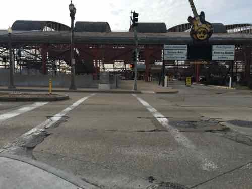 Crosswalk not yet changed to include the new curb ramp, February 2016