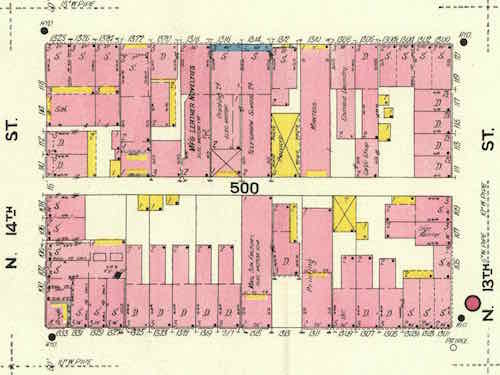 In February 1909 the block was full of 2-3 story brick buildings. Click image to see Sanborn Map page with this & adjacent blocks