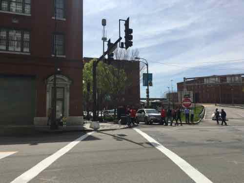Looking South pedestrians have no signal or even a traffic light to determine when to cross Clark Street