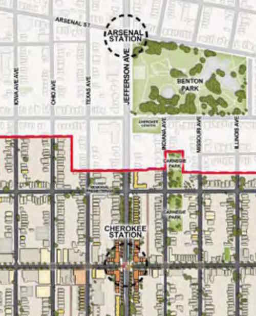 Two East-West streets are between Cherokee & Arsenal-- Utah & Wyoming