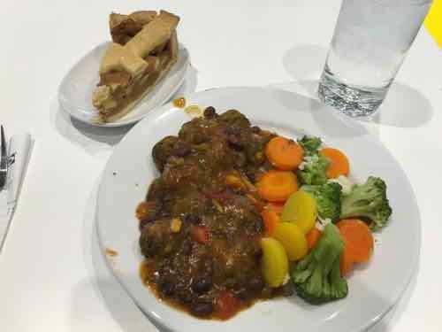 I'm obsessed with food so naturally I took a pic of my plate: Veggies balls with vegetarian black bean sauce,, steamed veggies, Swedish apple cake, and tap water. 