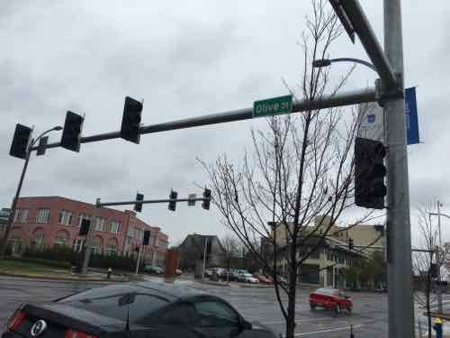 New traffic signals being installed at the Lindell/Olive intersection. April 6th 