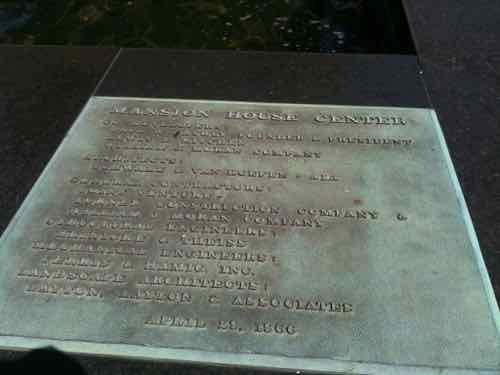 A plaque next to the center fountain lists those involved and the date -- April 29, 1966. Photo from April 2011