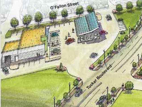 Crop of ZOOM gas station: Pedestrians are shown on the sidewalks, but no route to enter the business