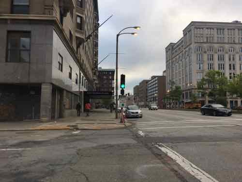 As at Olive, the signal is green but pedestrians walking North don''t know a left-turn arrow is going to send vehicles into their path. 