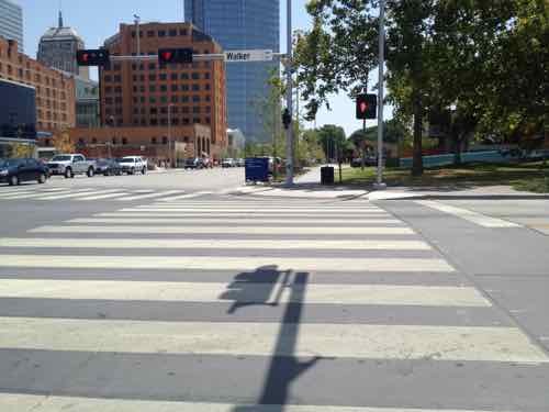 As Oklahoma City rebuilds downtown the new crosswalks are very wide, curb ramps can accommodate many users. July 2012