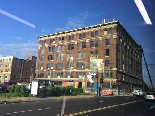 Last month, while on the #97 (Delmar) MetroBus, I passed by the building and saw construction work. Sorry for the reflection from the bus window