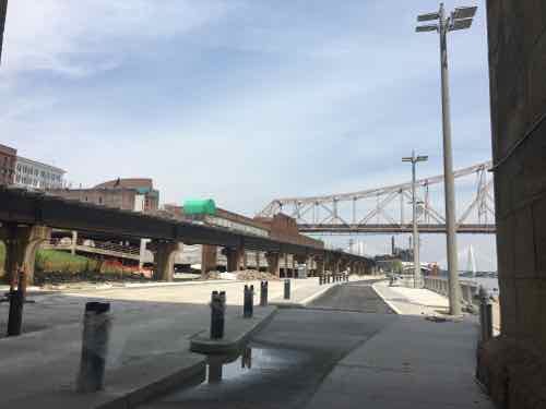 Looking North from Eads Bridge, Laclede's Landing area on the left beyond the elevated tracks