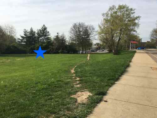 The blue star on the left indicates the approximate location of the destination. Able-bodied pedestrians have worn a more direct route but the rest of us must follow the official route to the right