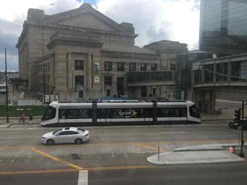 This view gives you an overview of the three cars in each vehicle -- middle and two ends. Wheelchairs, strollers. bikes, the middle car, the door on each end has a step