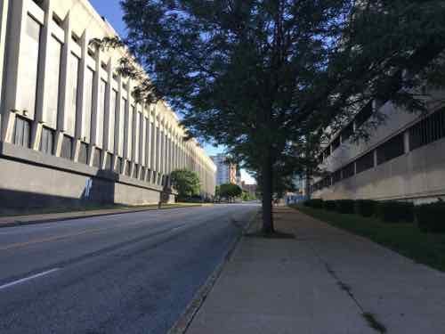 Looking North on 16th, the post office addition on the left and Kiel parking garage on the right 