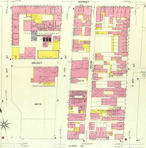 This December 1908 view has Market on the North (top), 16th on the East (right), Clark on the South (bottom), and 18th on the West (left). I'd long assumed that Walnut existed between 16th-18th, but in 1909 it didn't exist between 16th-17th. A street called Moore runs parallel to 17th. Click image to view larger version. 