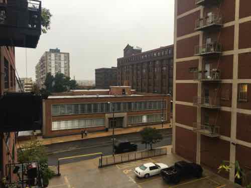 Looking South from our balcony toward Locust St, two cobra head lights can be seen -- one per side